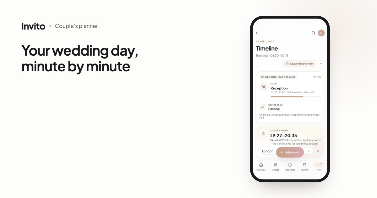 Wedding-day timeline in the INVITO couples’ app with the golden-hour card