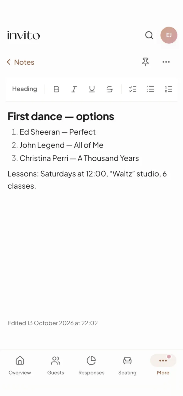 The first-dance shortlist note open on a phone, with a numbered list and the formatting toolbar