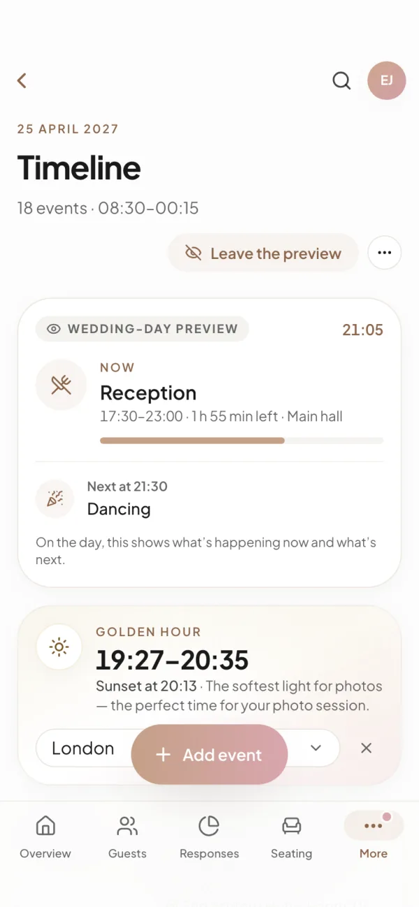 Wedding-day preview on a phone: the Now card with the current event, the next event and the golden hour