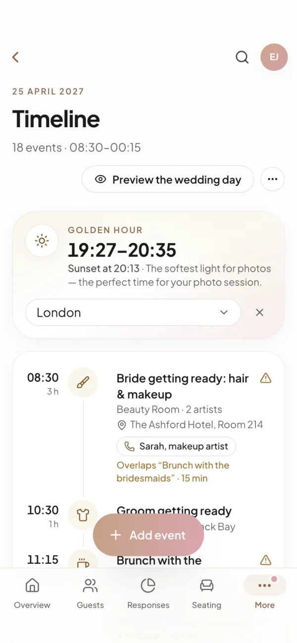 The timeline on a phone: number of events, the golden-hour card and the first events of the day
