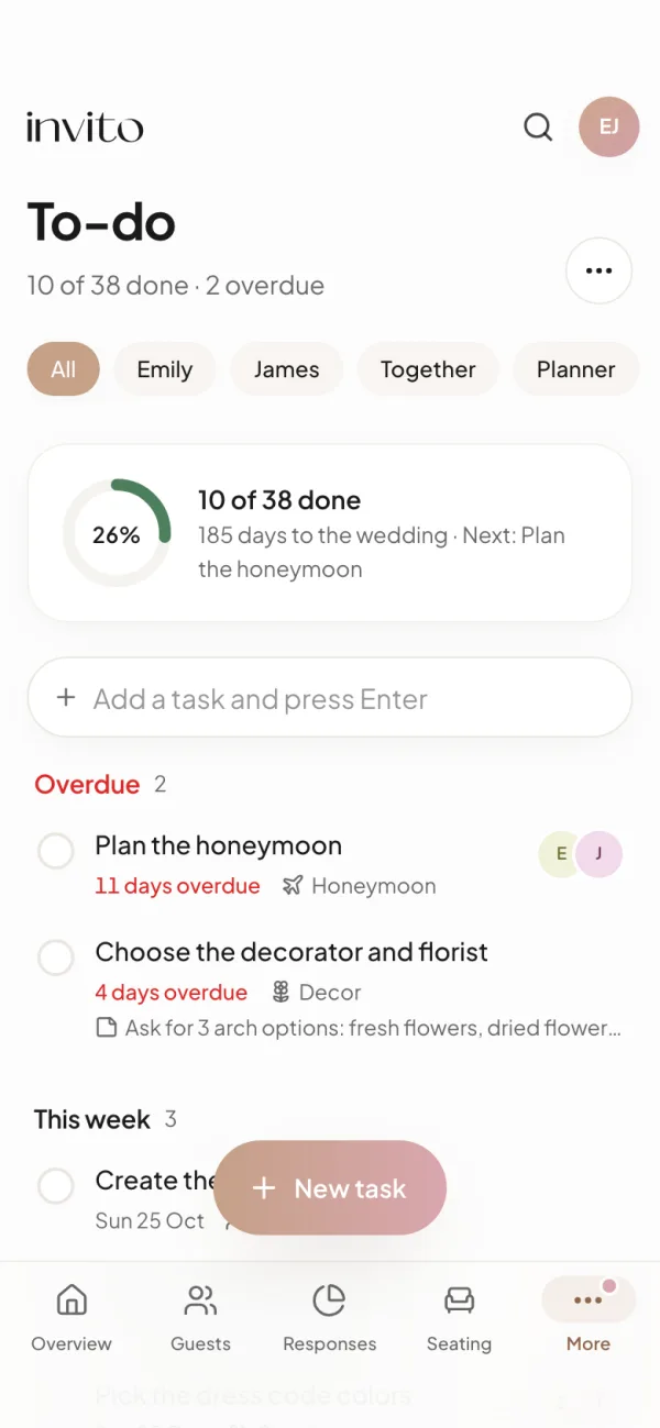 To-do on a phone: progress, filters by person and overdue tasks in red