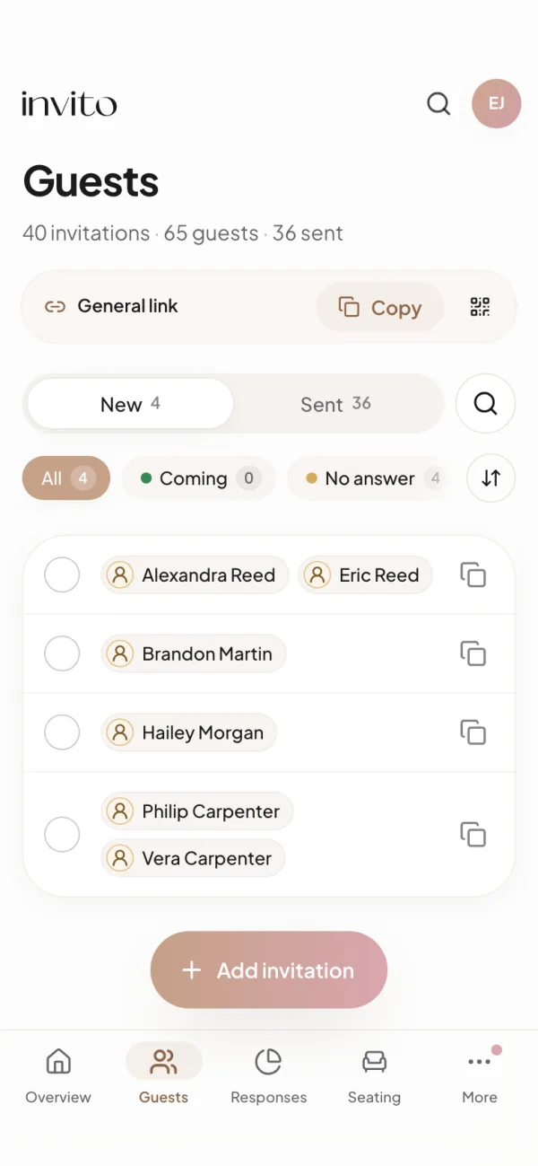 Guests on a phone: above the list of invitations, the General link strip with Copy and QR buttons