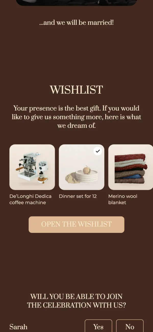 The wishlist block on the invitation site on a guest’s phone: a heading, text, a strip of gift cards and a button