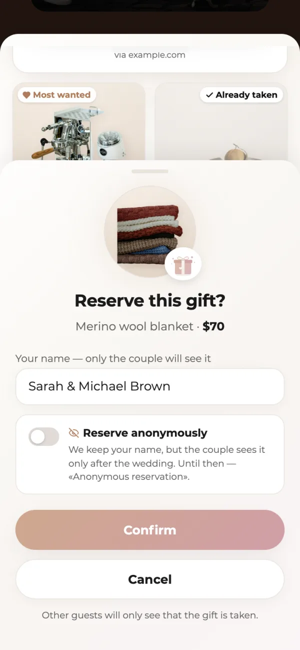 The Reserve this gift? sheet on a guest’s phone: the blanket with its price, a name field already filled in, the Reserve anonymously switch, and Confirm and Cancel buttons