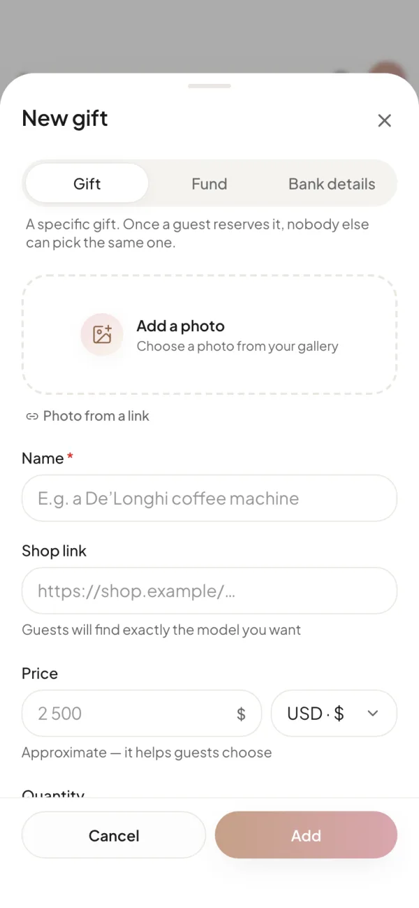 The new gift editor on a phone: Gift, Fund and Bank details tabs, a photo field, the name, the shop link and the price with a currency