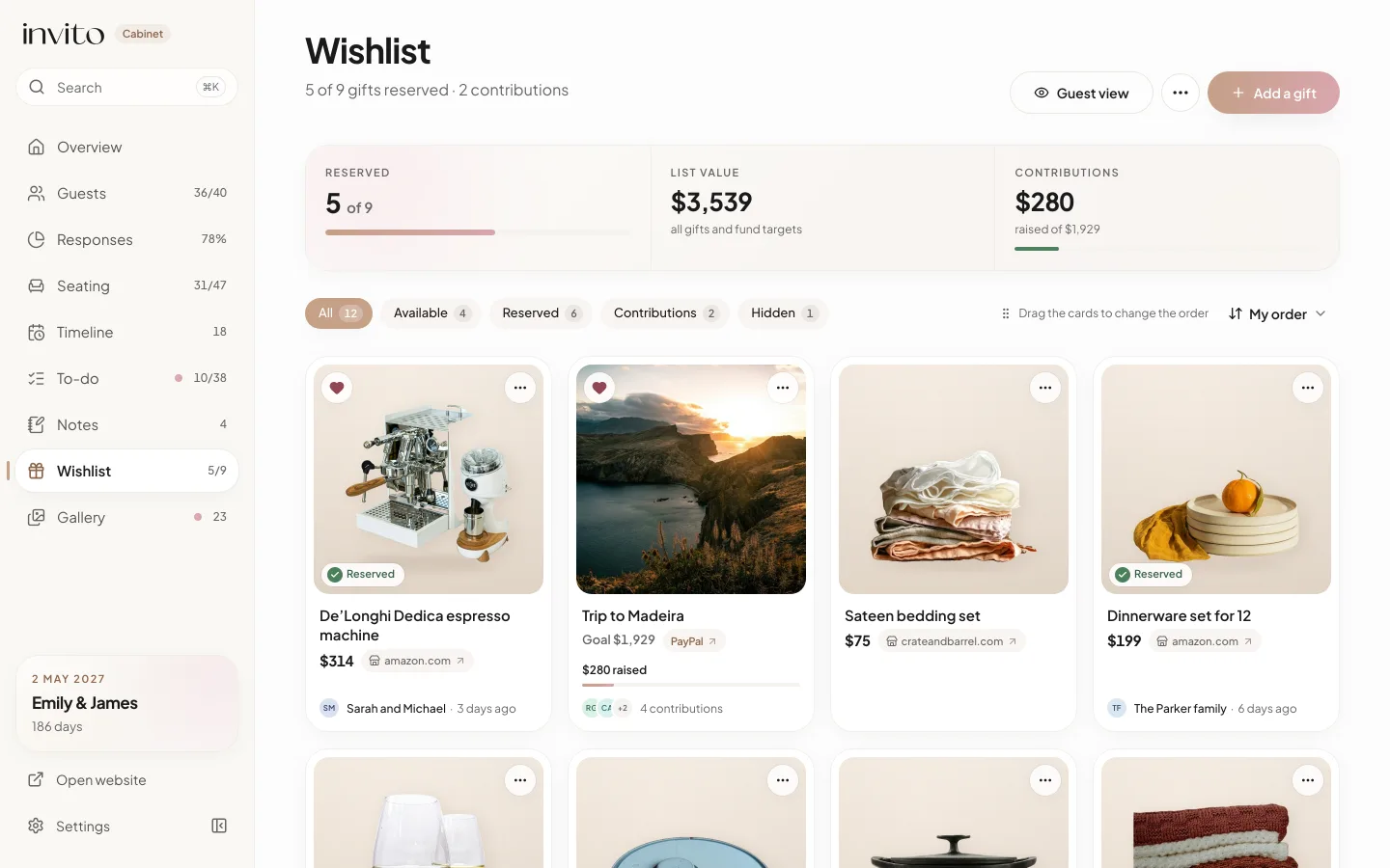 The Wishlist section of the couple’s app on a computer: a reservation summary, filters and gift cards with a Reserved badge and guests’ names