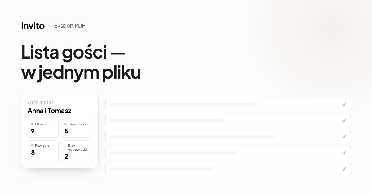 Lista gości weselnych w PDF wyeksportowana z aplikacji dla pary