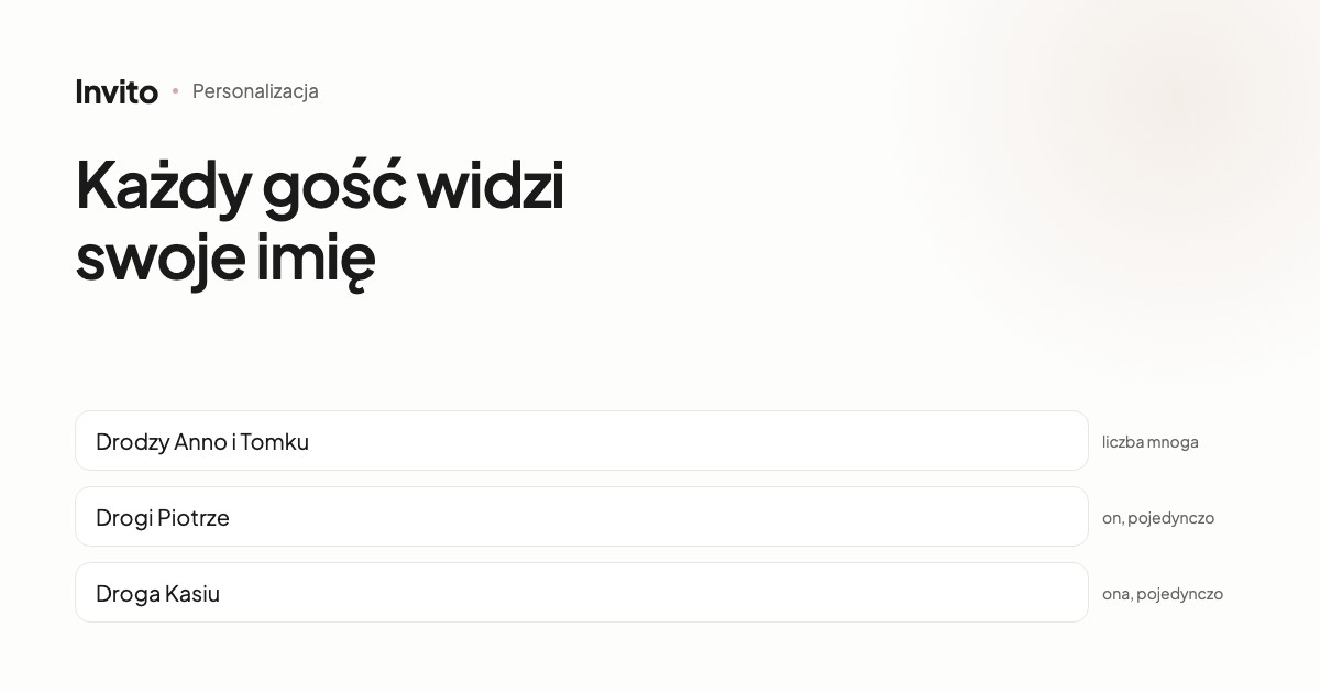 Ekran zaproszenia ślubnego z imiennym zwrotem do gościa