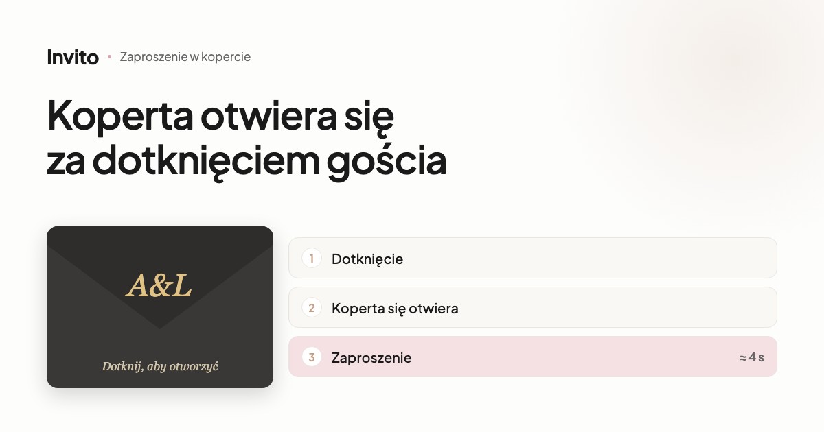 Zapieczętowana koperta ze złotymi inicjałami pary i napisem „Dotknij, aby otworzyć”